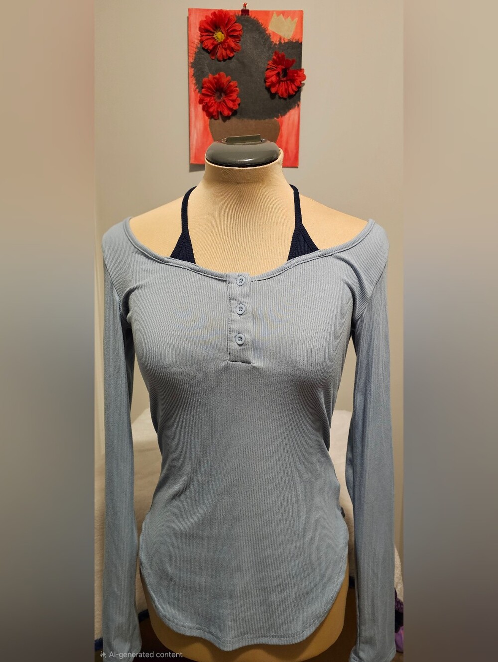 Dazy Star Women's Long-Sleeve Ribbed Henley Top - Light Blue SZ L